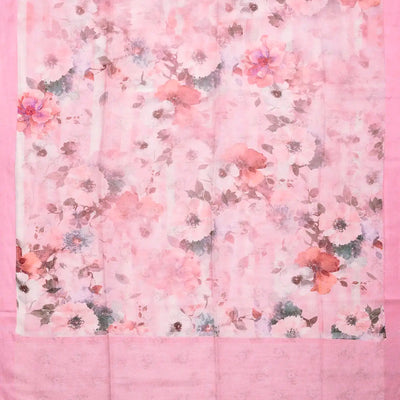 Pink Handloom Linen Saree With Printed Flowers