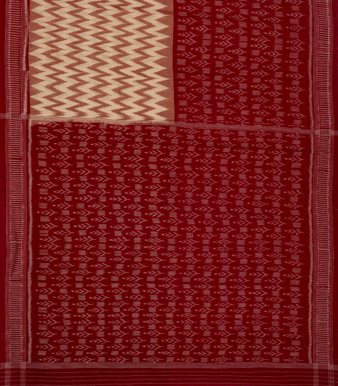 Crimson & Cream Handloom Orissa Cotton Saree With Tie and dye Chevron ( Vanki ) Motifs