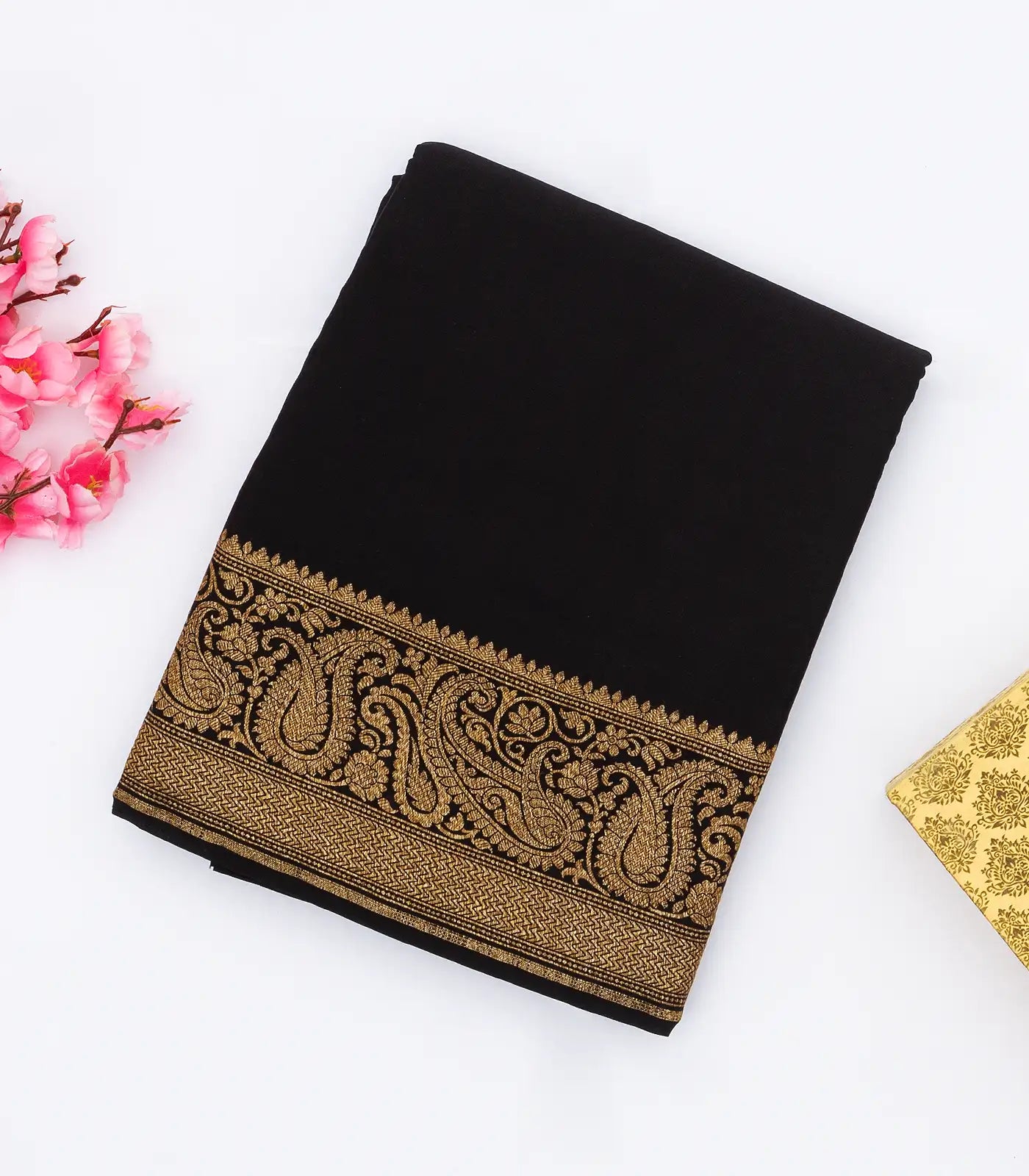 Black Banarasi Georgette Saree With Plain Body & Zari Border