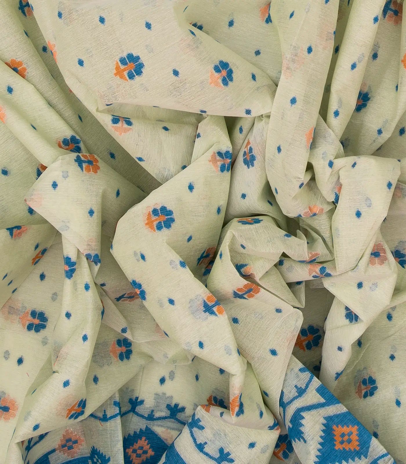 Mint Green Bengal Cotton Saree And Floral Motifs