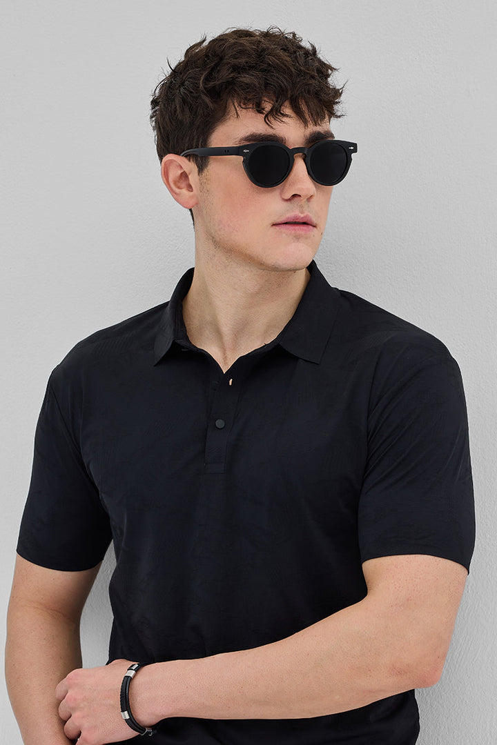 Black Textured Stitchless Polo T-Shirt