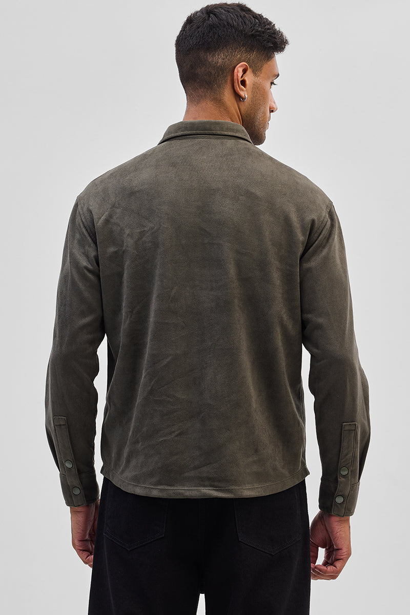 Olive Suede Snap Button Overshirt