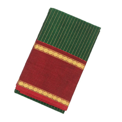 Dark Green Handloom Kanchi Cotton Saree With Zari Stirpes & Maroon Border