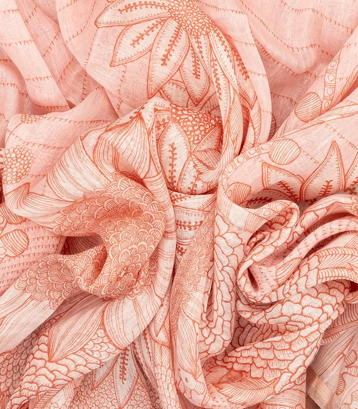 Peach Handwoven Linen Saree Printed With Flower Motifs