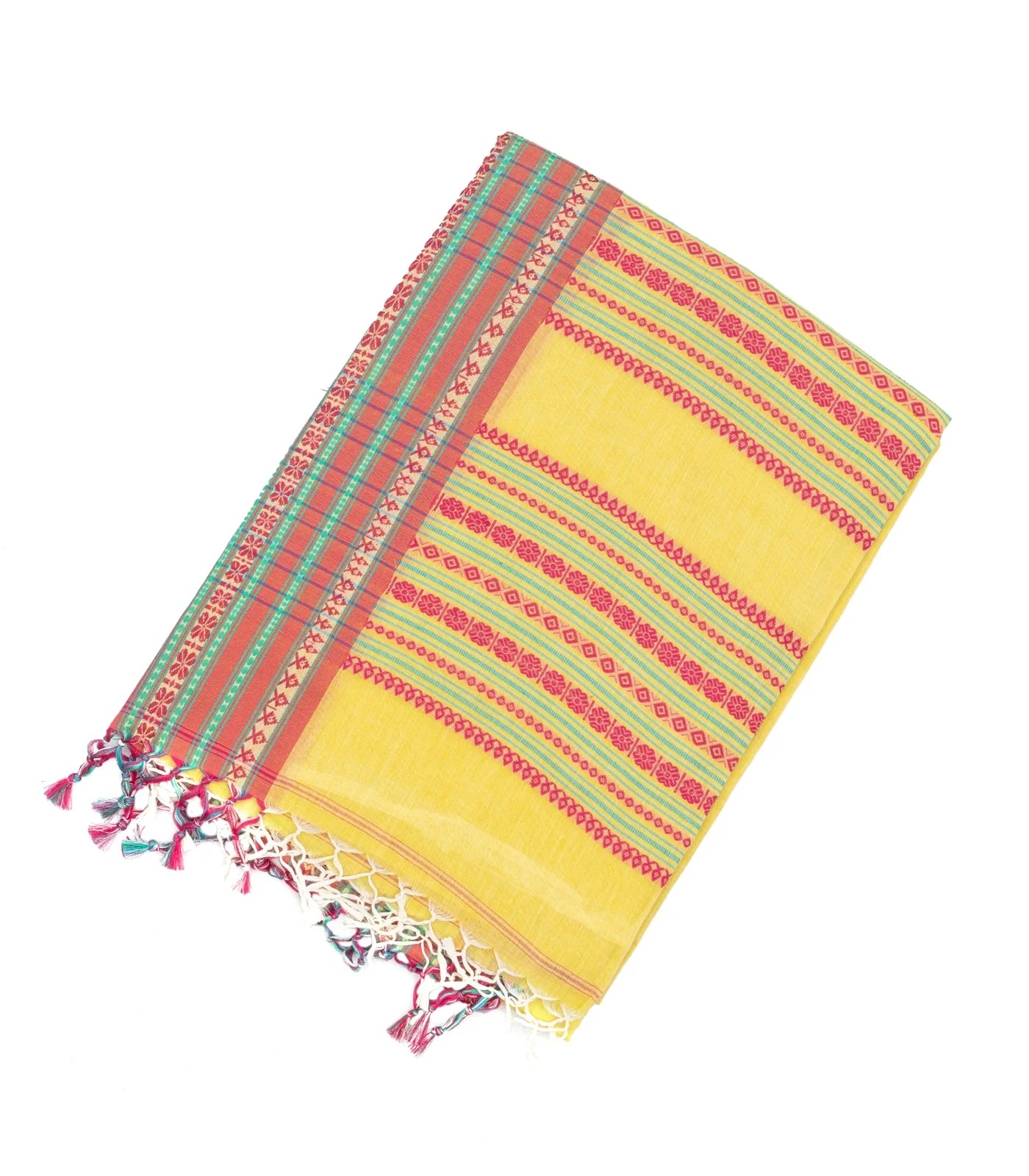 Lemon Yellow Handloom Bengal Cotton Saree With Contrast Border
