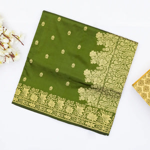 Leafy Green Banarasi Silk Saree With Floral Motifs