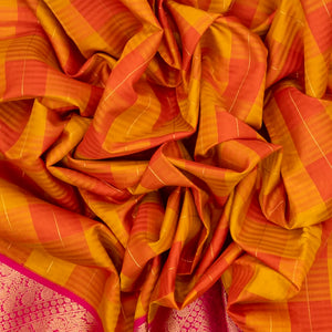 Orange & Mustard Handloom Kora Silk Saree With Checks & Pink Border
