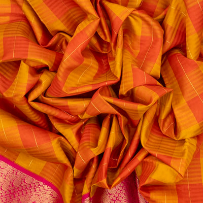 Orange & Mustard Handloom Kora Silk Saree With Checks & Pink Border