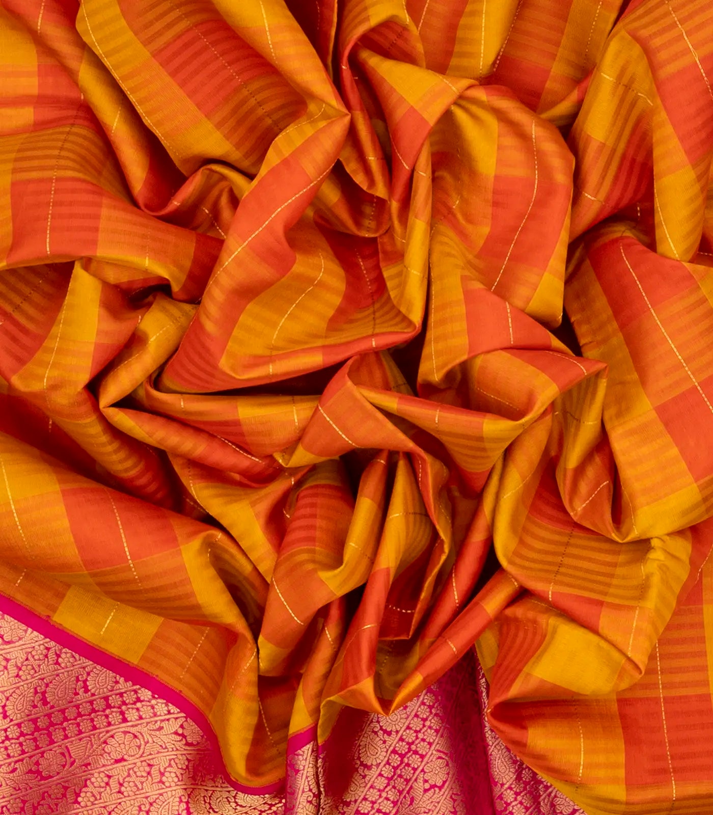 Orange & Mustard Handloom Kora Silk Saree With Checks & Pink Border