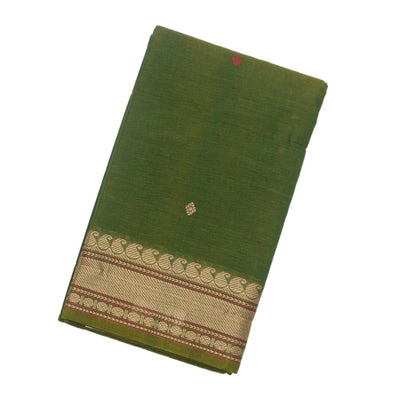 Leafy Green Handloom Kanchi Cotton Saree With Diamond Motifs