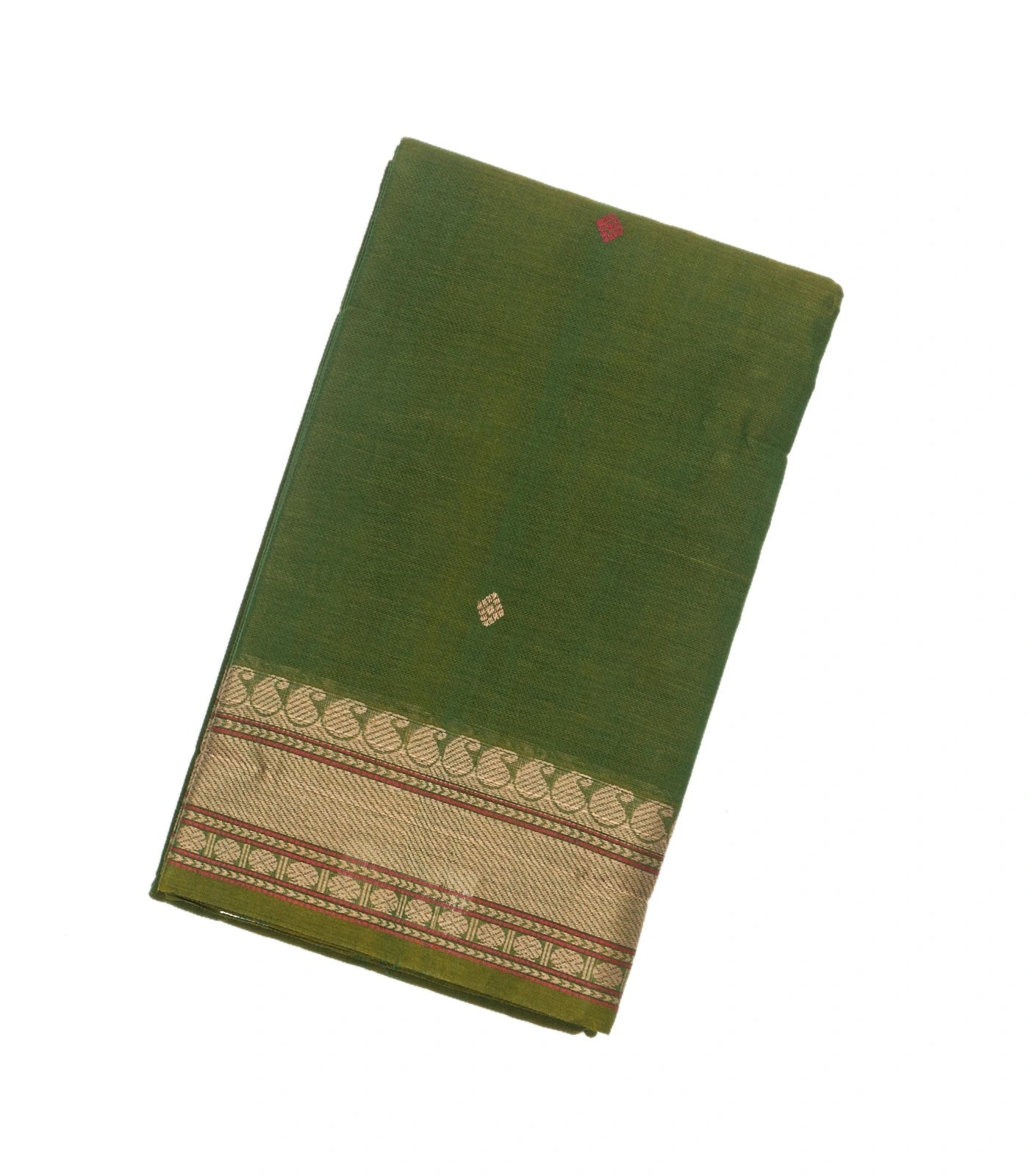 Leafy Green Handloom Kanchi Cotton Saree With Diamond Motifs