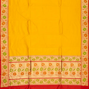 Yellow Handloom Plain Banarasi Silk Saree With Red Border
