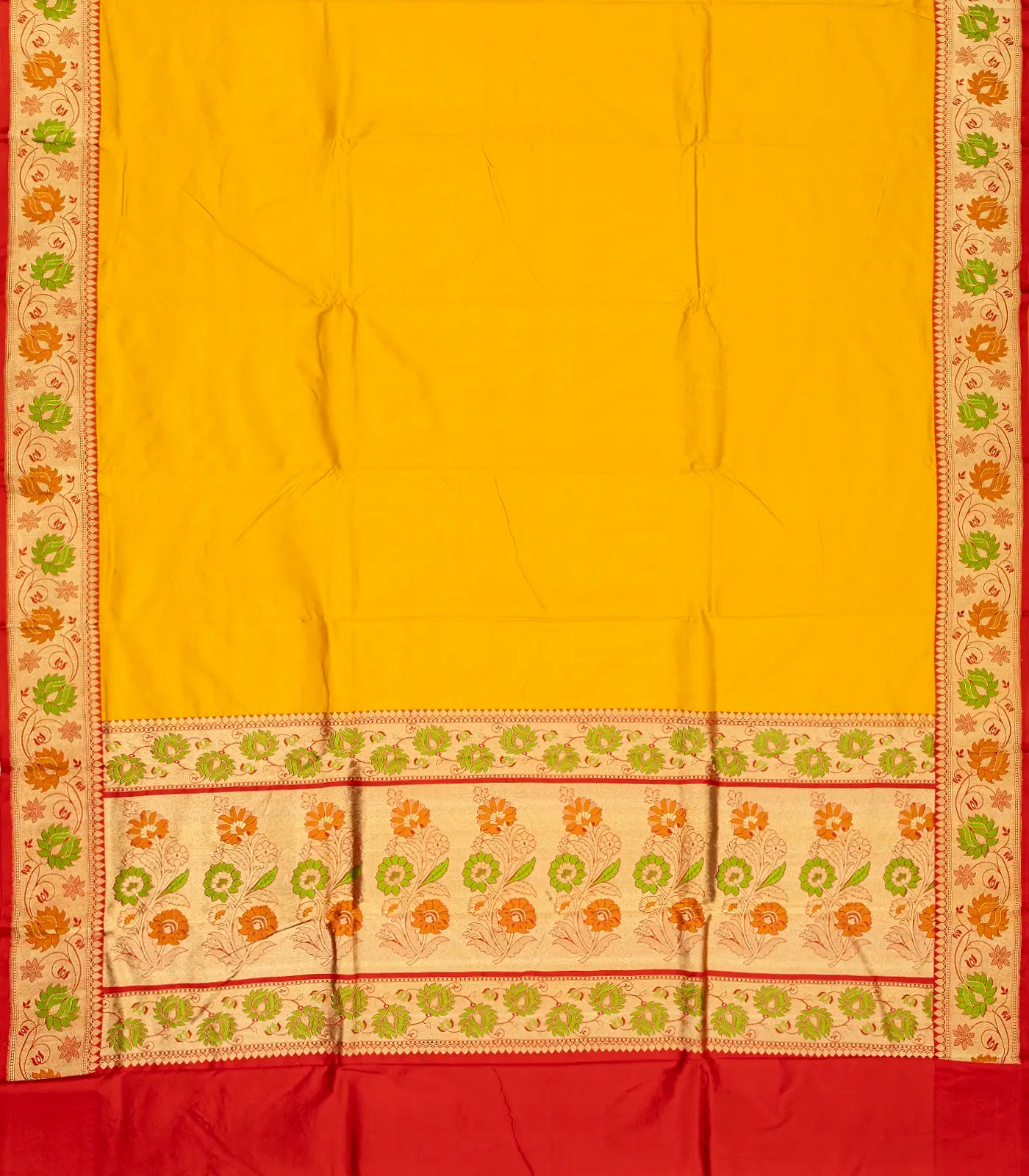 Yellow Handloom Plain Banarasi Silk Saree With Red Border