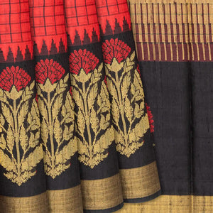 Red Handwoven Tussar Silk Saree With Checks-Red