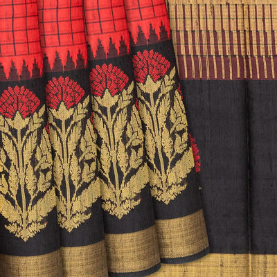 Red Handwoven Tussar Silk Saree With Checks-Red