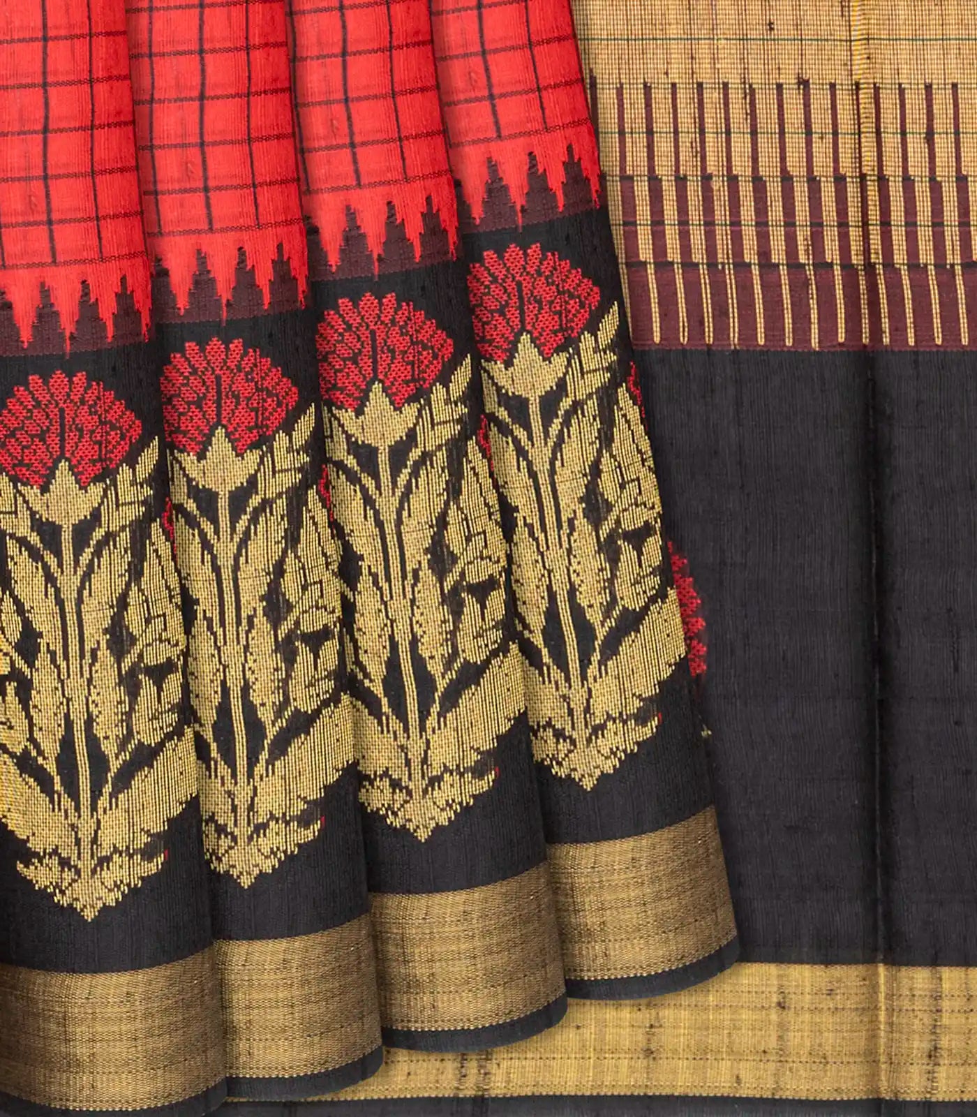 Red Handwoven Tussar Silk Saree With Checks-Red