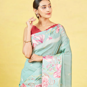 Aquamarine Handloom Tussar Silk Saree With Printed Border
