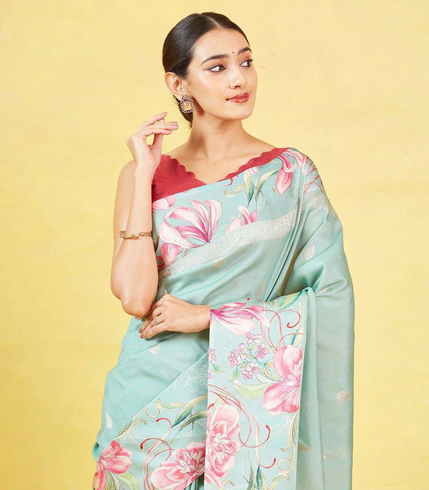 Aquamarine Handloom Tussar Silk Saree With Printed Border