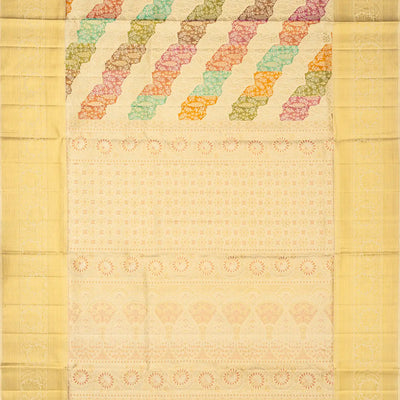 Beige Handloom Kanchipuram Tissue Silk Saree With Meena Floral Motifs