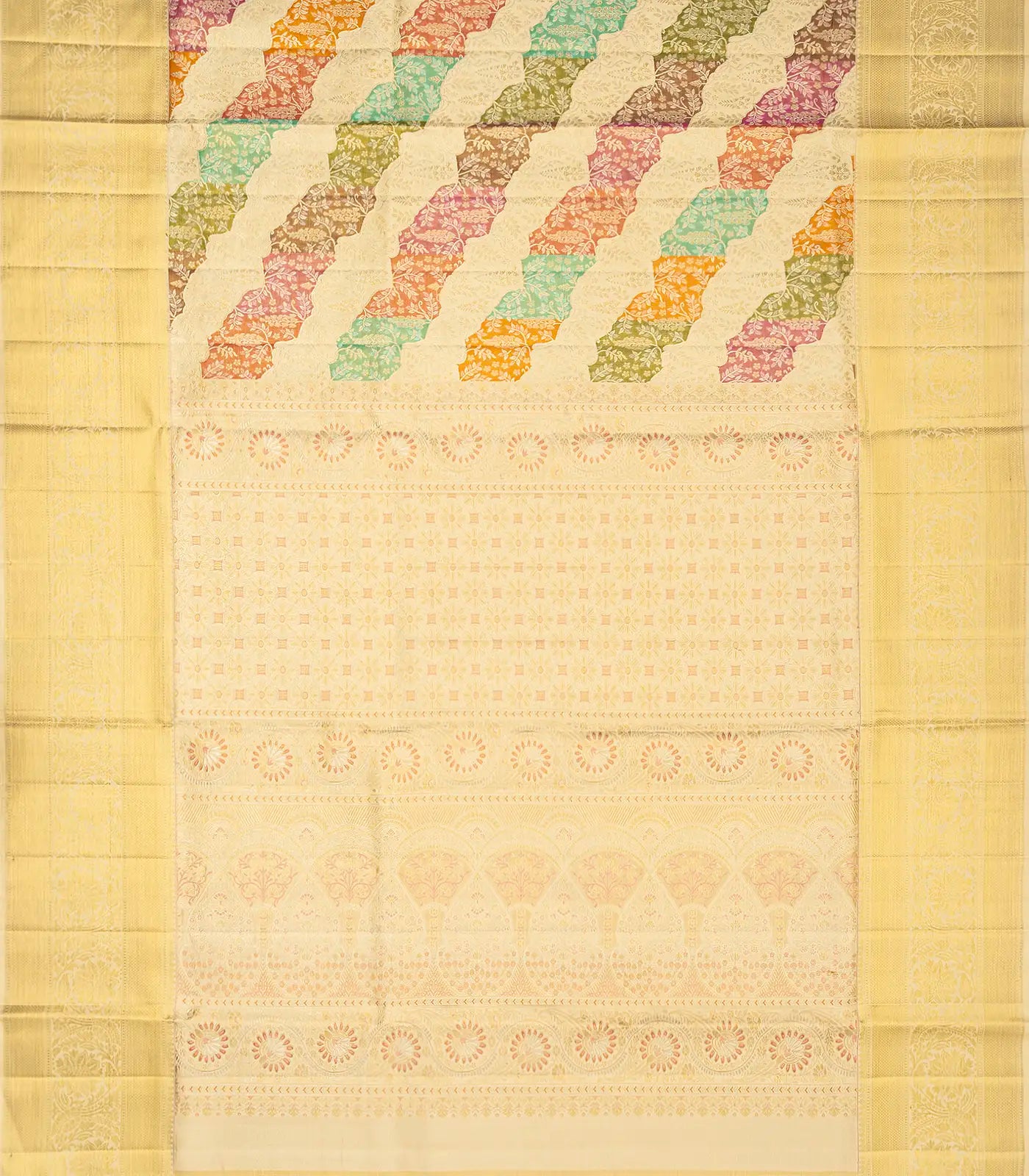 Beige Handloom Kanchipuram Tissue Silk Saree With Meena Floral Motifs