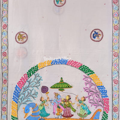 White Radha Krishna Boita Themed Pattachitra Saree