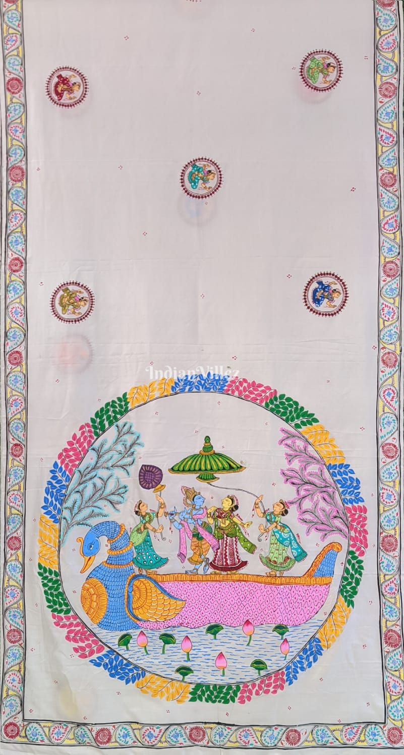 White Radha Krishna Boita Themed Pattachitra Saree