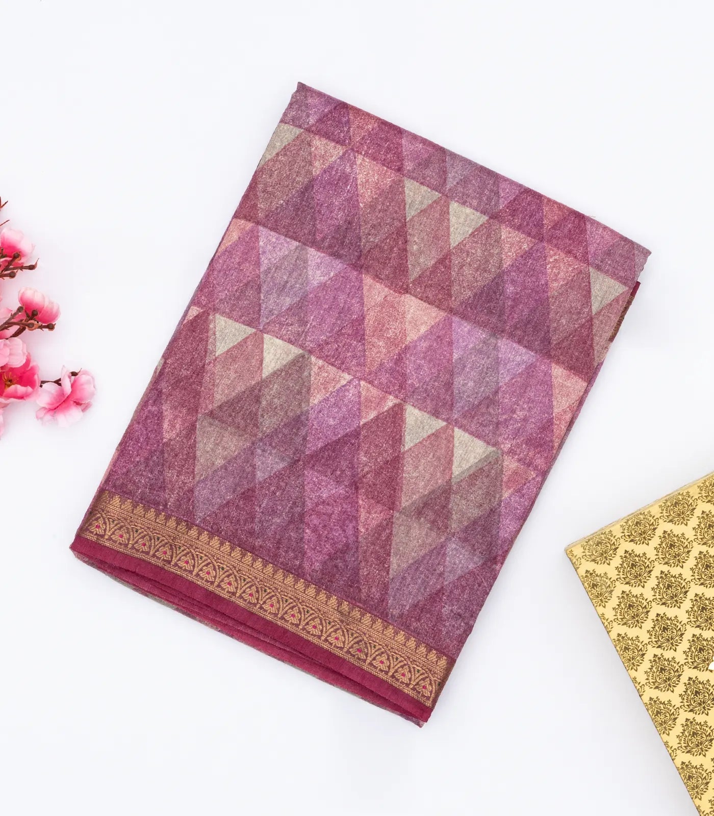Lavender Tussar Silk Saree Is Printed With Triangle Motifs
