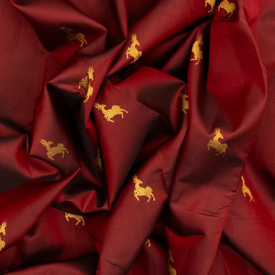 Crimson Handloom Kanchipuram Silk Saree With Deer Zari Buttas