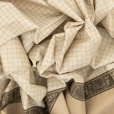 Off White Handloom Kanchi Cotton Saree With Taupe Border