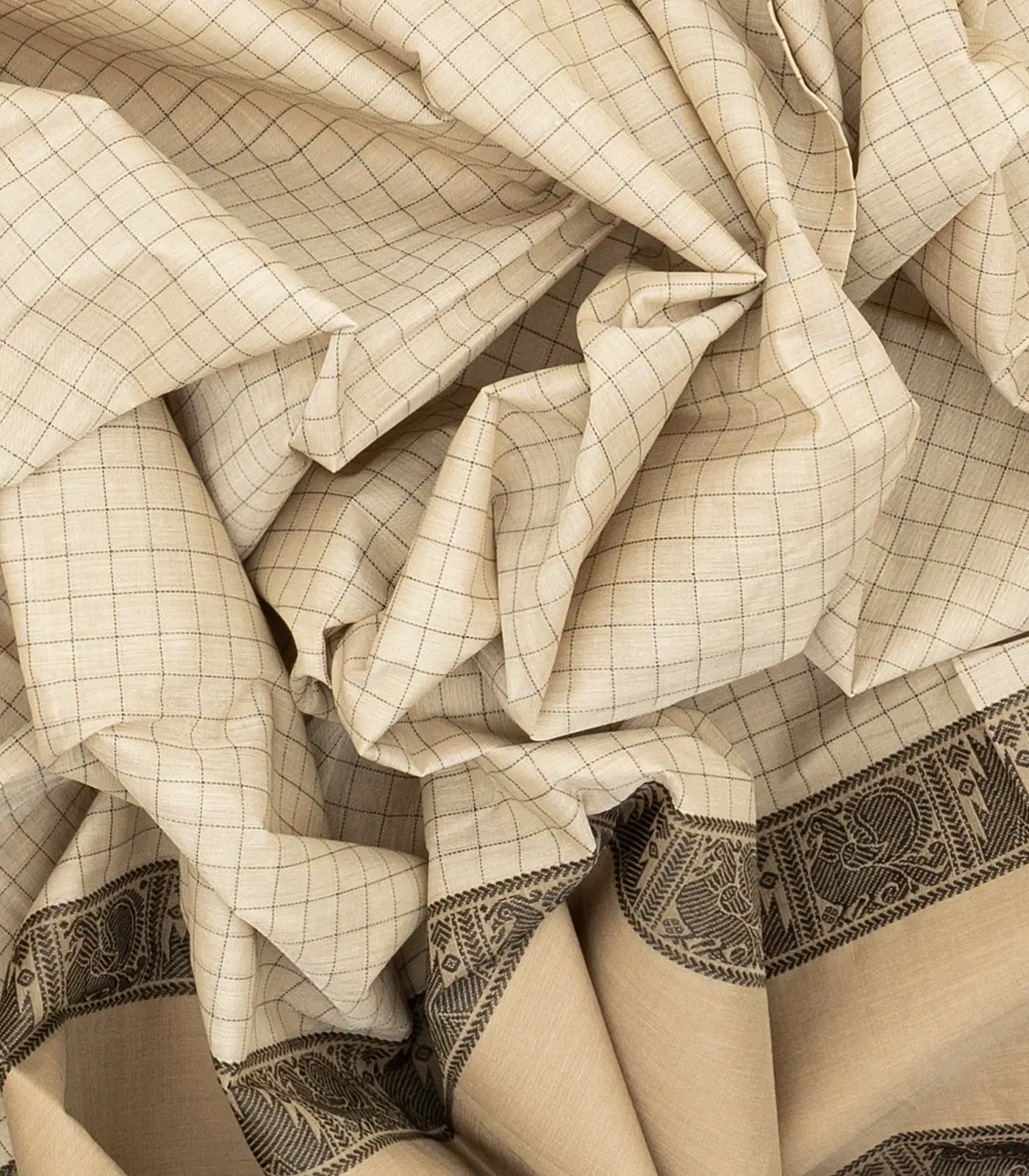 Off White Handloom Kanchi Cotton Saree With Taupe Border