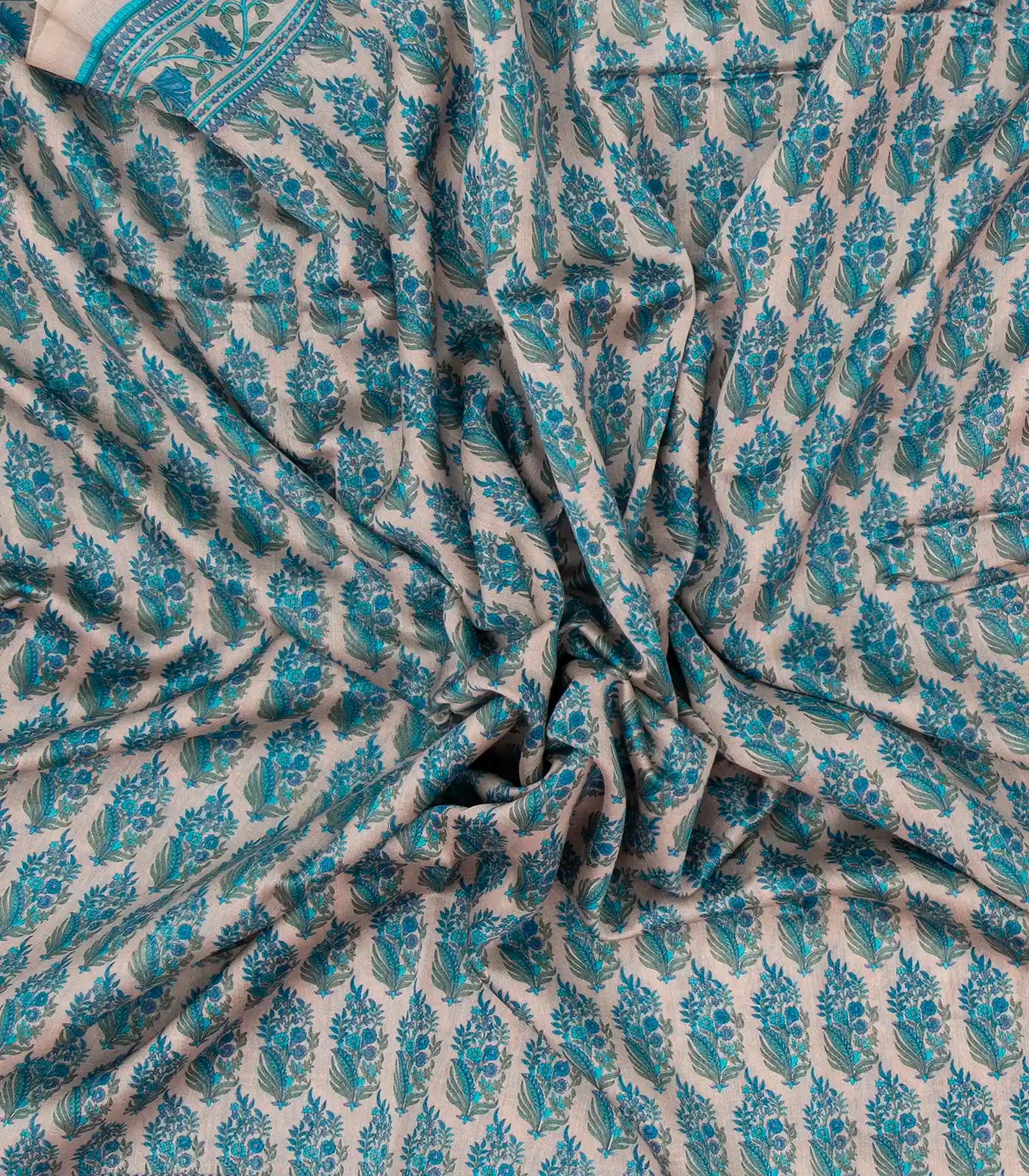 Taupe Handloom Chanderi Cotton Saree With Printed Blue Floral Motif