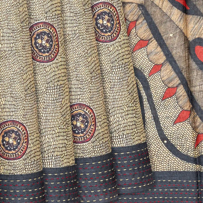 Grey Handloom Printed Tussar Silk Saree With Peacock Pallu-Grey