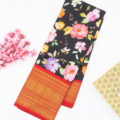 Black Handloom Kanchipuram Korvai Silk Saree Printed With Flower Motifs