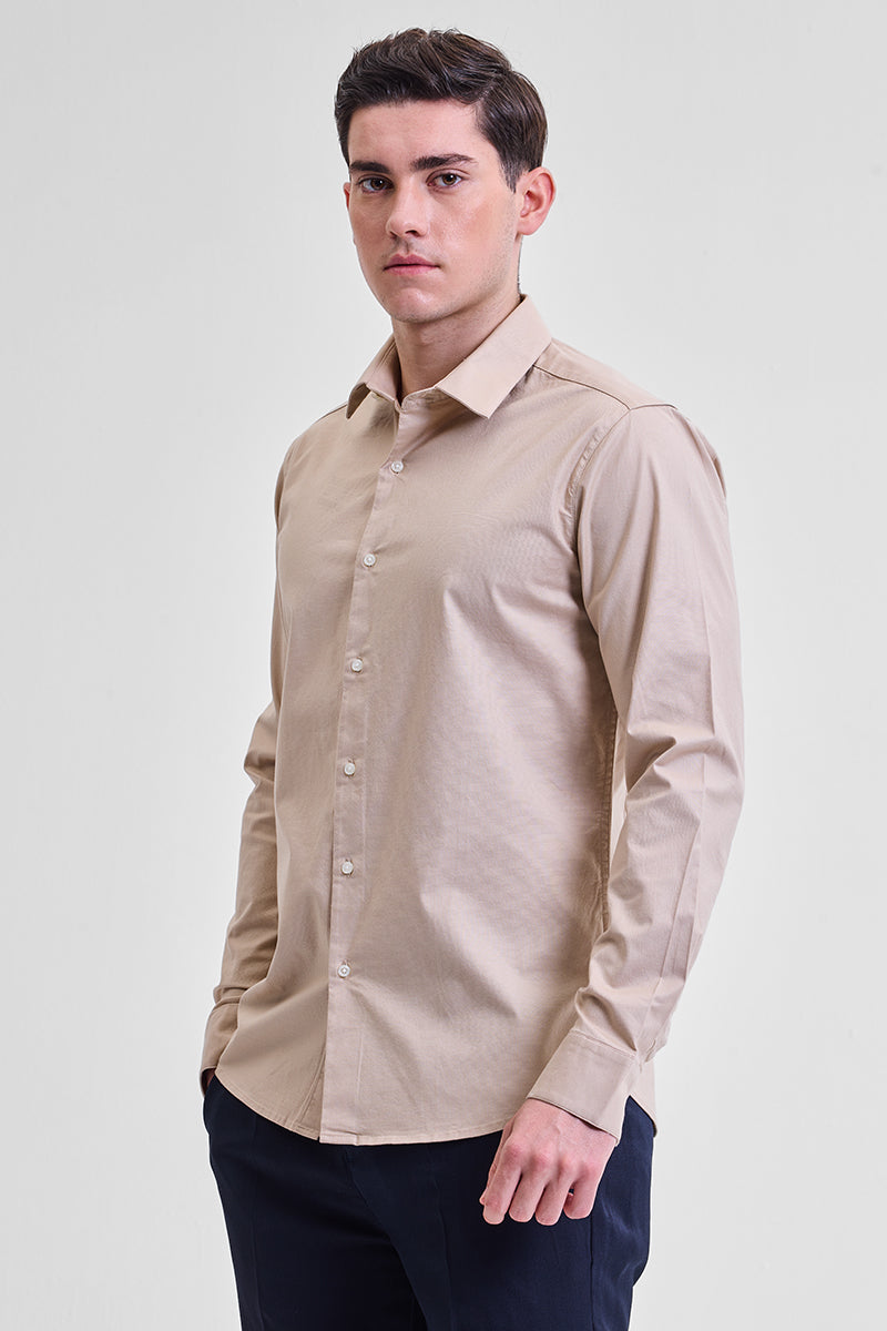 Beige Stretchable Slim Fit Shirt