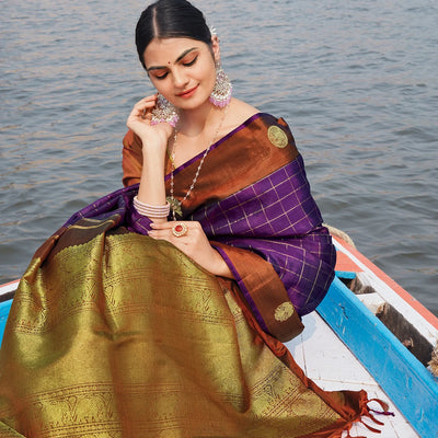 Purple Handloom Kanchipuram Silk Saree With Checks