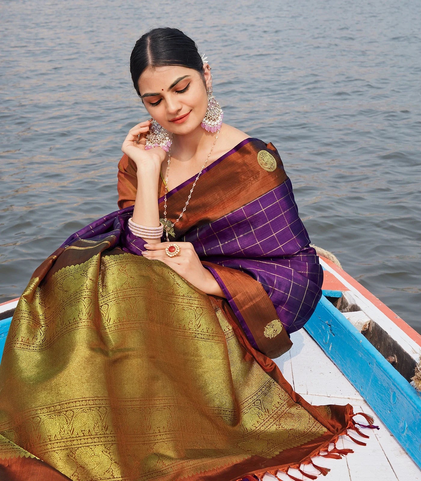 Purple Handloom Kanchipuram Silk Saree With Checks