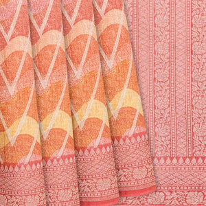 Peach Handwoven Printed Tussar Silk Saree With Chevron Motifs-Peach