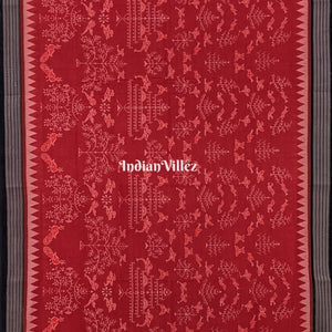 Rust Maroon Tree Bird Motifs Sambalpuri Ikat Cotton Saree
