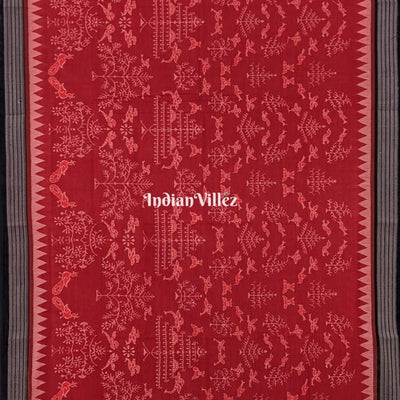 Rust Maroon Tree Bird Motifs Sambalpuri Ikat Cotton Saree
