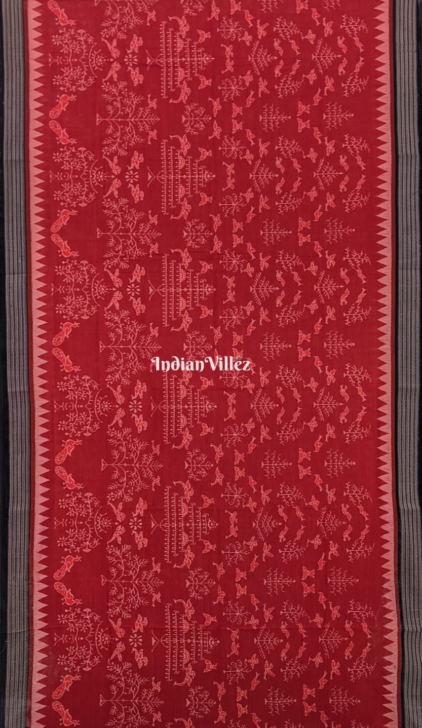 Rust Maroon Tree Bird Motifs Sambalpuri Ikat Cotton Saree
