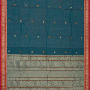 Teal Handloom Kanchi Cotton Saree With Annam Buttas.