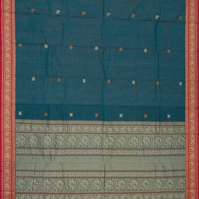 Teal Handloom Kanchi Cotton Saree With Annam Buttas.