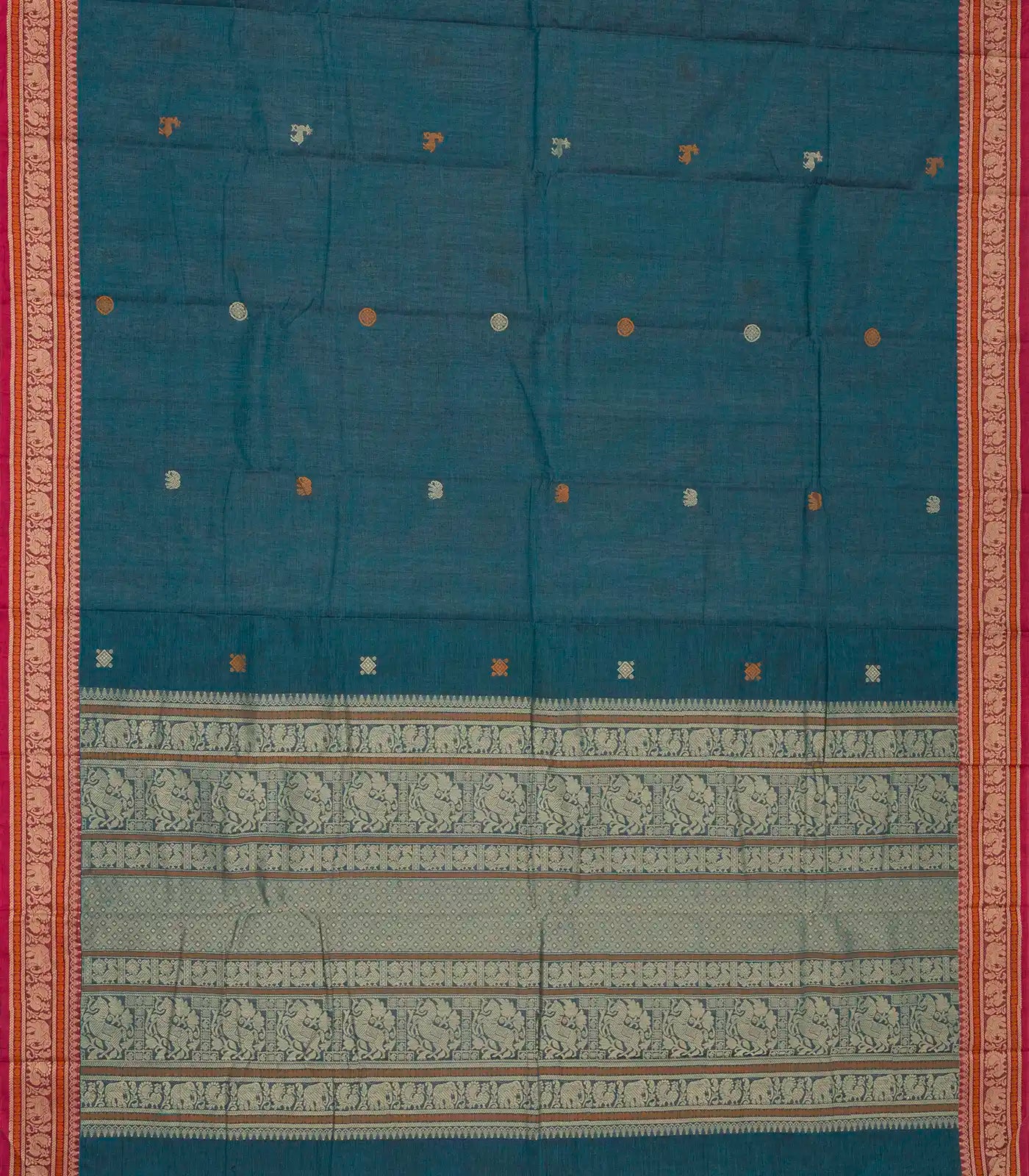 Teal Handloom Kanchi Cotton Saree With Annam Buttas.