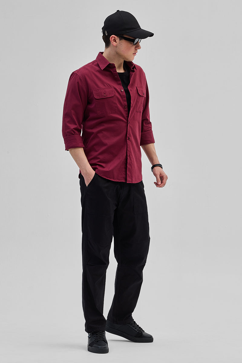 Maroon Solid Double Pocket Overshirt