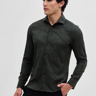 Dark Green Slim Fit Self-Design Shirt