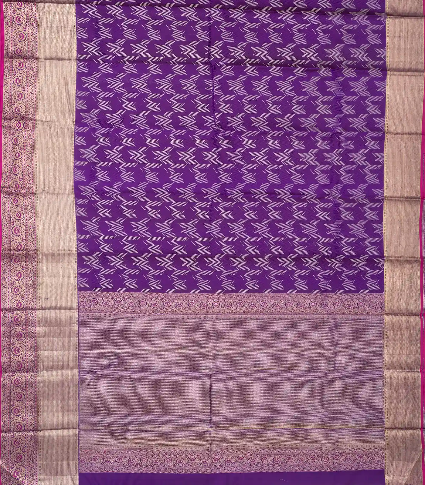 Purple Handloom Kanchipuram Silk Saree With Broken Chevron Stripes