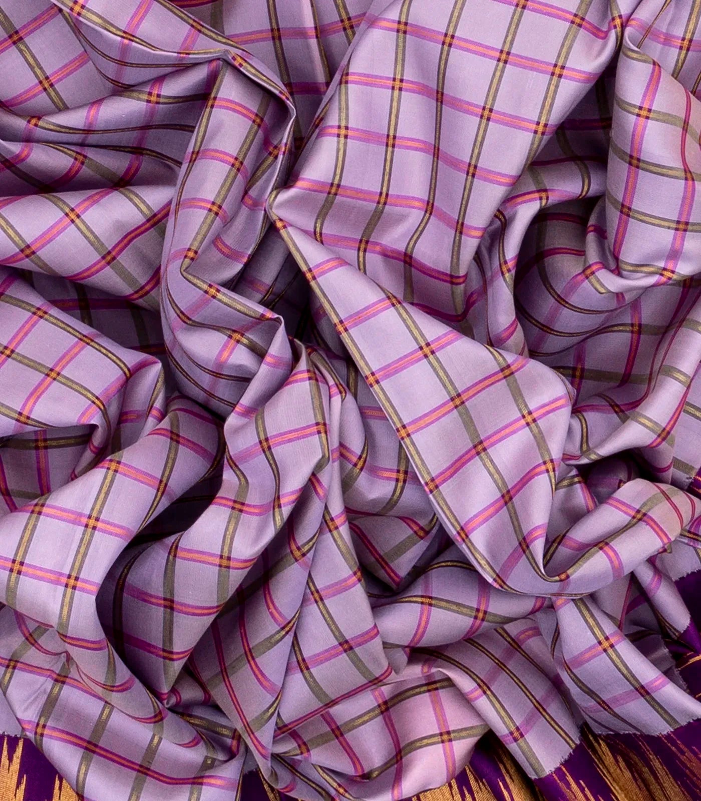 Lavender Handloom Kanchipuram Korvai Silk Saree With Meena Checks