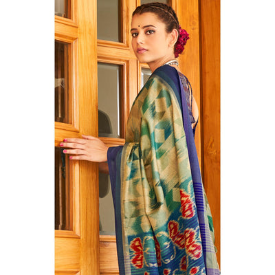 Elegant Beige & Green Coloured Partywear Woven Silk Saree