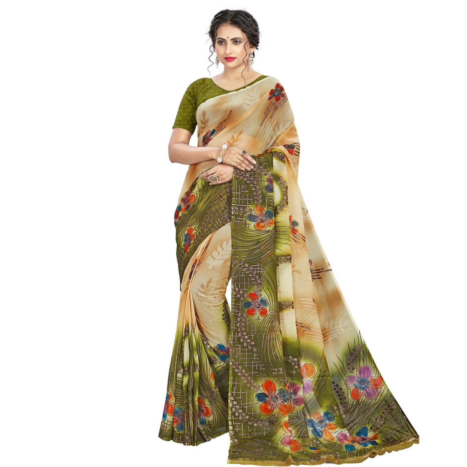 Elegant Beige - Green Colored Casual Wear Printed Georgette Saree