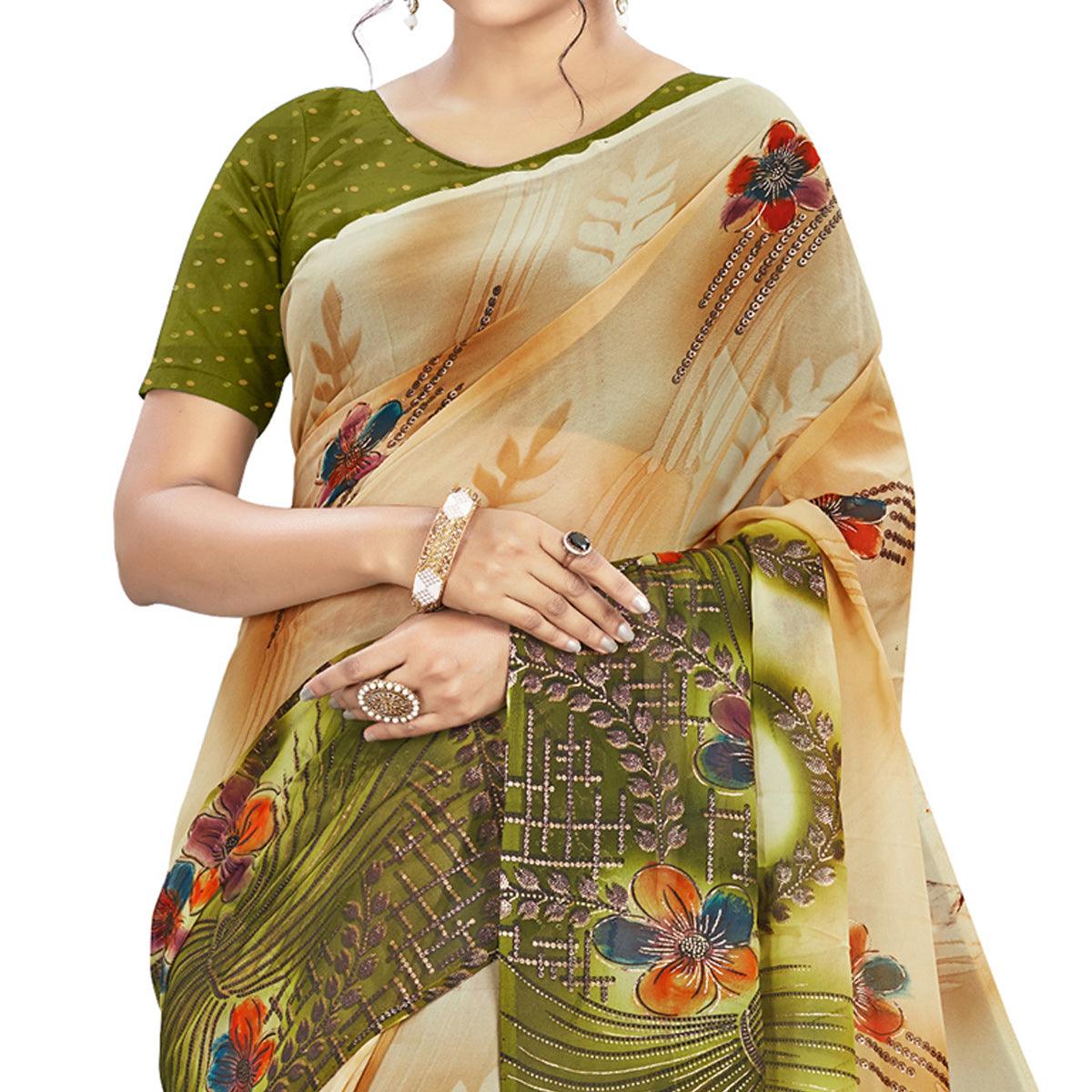Elegant Beige - Green Colored Casual Wear Printed Georgette Saree